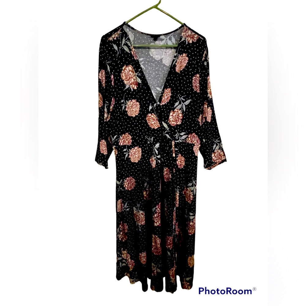 Torrid Mini Jersey Wrap Dress 2X Black White Polka Dot Pink Rose Floral